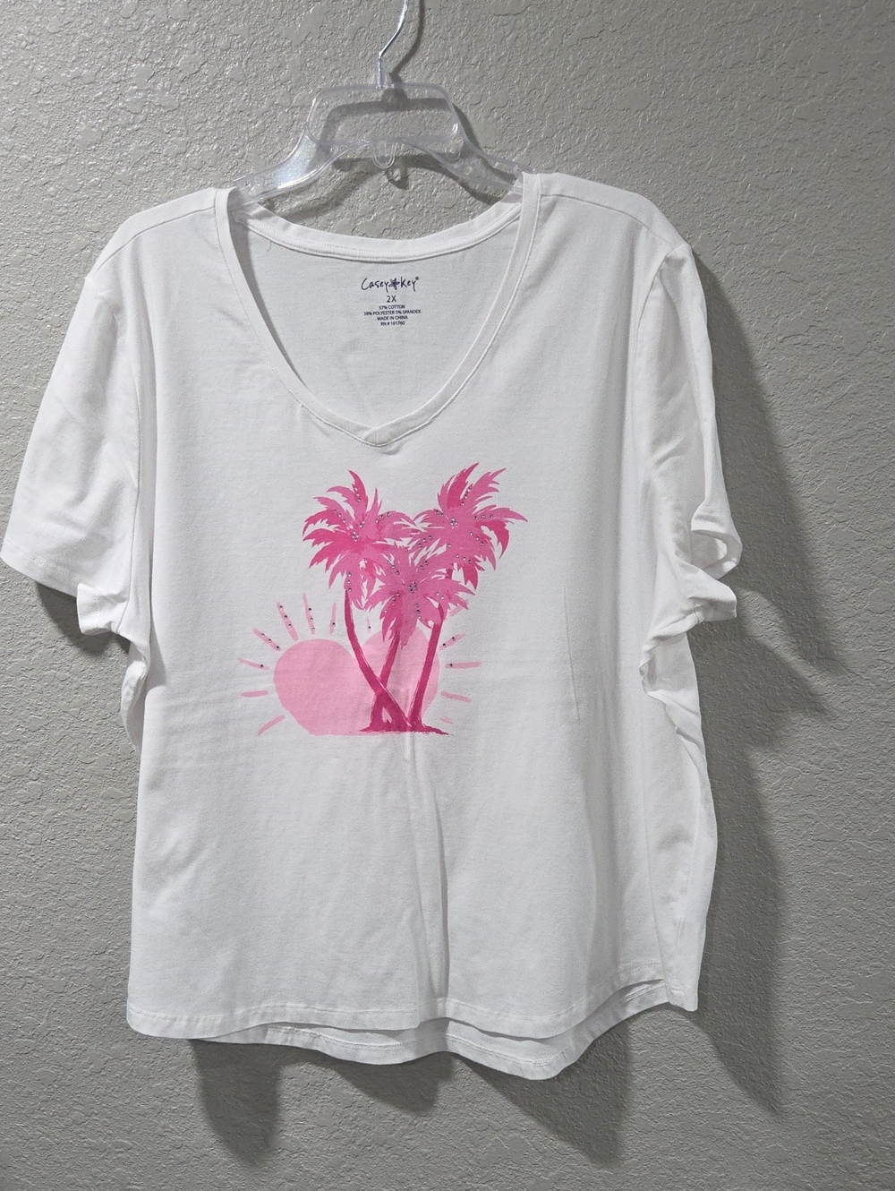 Casual V-Neck Tee with Pink Palm Sunset Graphic